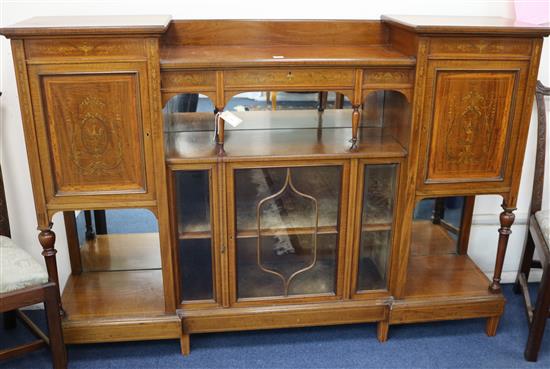 An Edwardian marquetry-inlaid cabinet, fitted glazed doors, cupboards and open shelves W.168cm